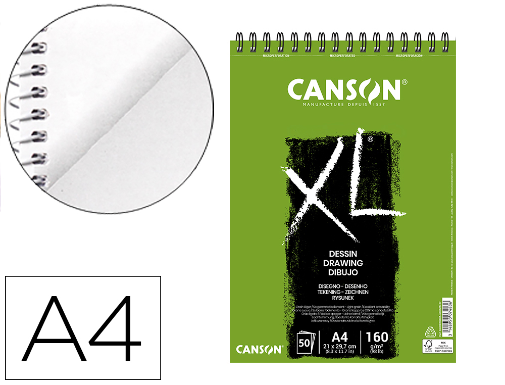 CANSON - BLOC DIBUJO XL DESSIN DIN A4 LISO MICROPERFORADO ESPIRAL 21X29,7 CM 50 HOJAS 160 GR (Ref.400039088)