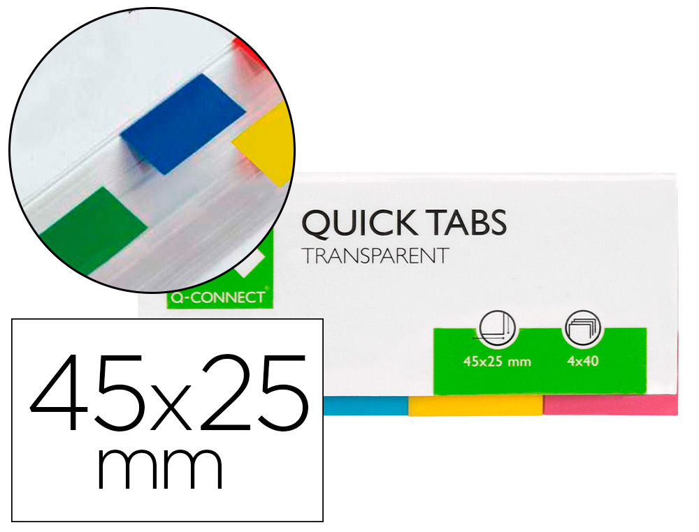 Q-CONNECT - BANDERITAS SEPARADORAS 19X43 MM TRANSPARENTES Y COLOR PACK DE 4 CON 50 HOJAS (Ref.KF01225)