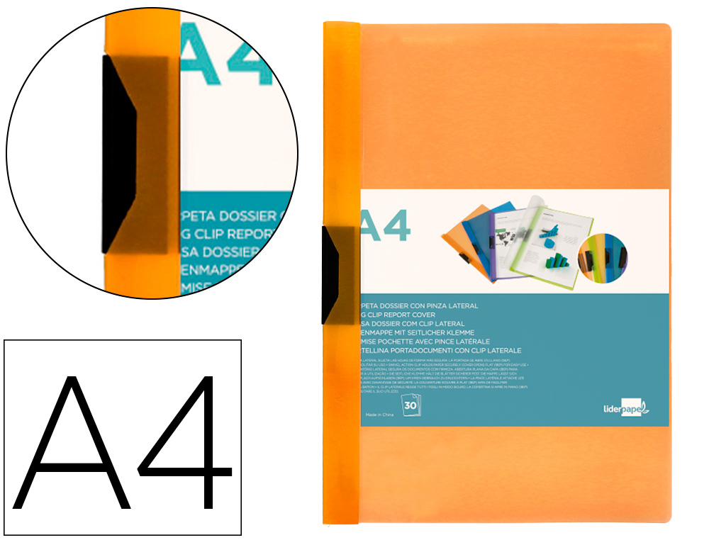 LIDERPAPEL - CARPETA DOSSIER PINZA LATERAL 45301 POLIPROPILENO DIN A4 NARANJA 30 HOJAS PINZA DESLIZANTE (Ref.DP05)