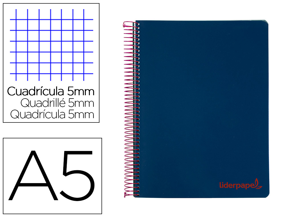 LIDERPAPEL - Cuaderno espiral a5 micro wonder tapa plastico 120h 90g cuadro 5mm 5 bandas 6 taladros color azul marino (Ref. BJ68)