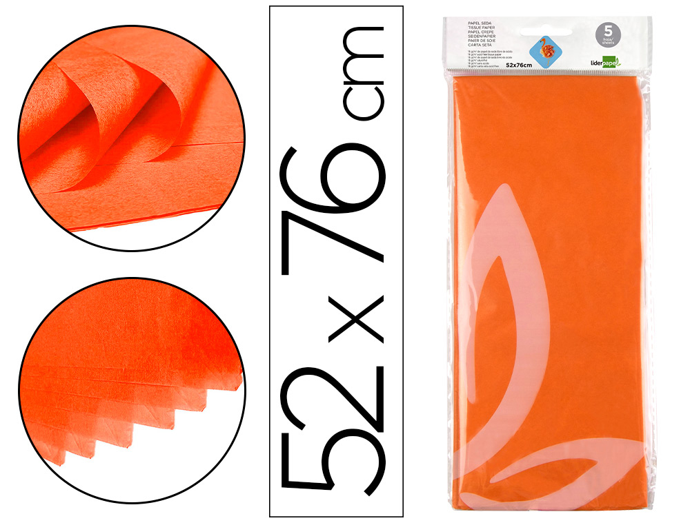 LIDERPAPEL - PAPEL SEDA 52X76CM 18G/M2 BOLSA DE 5 HOJAS NARANJA (Ref.SE08)
