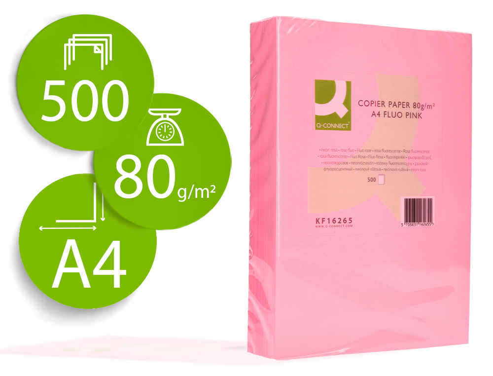 Q-CONNECT - PAPEL COLOR DIN A4 80GR ROSA NEON PAQUETE DE 500 HOJAS (Ref.KF16265)