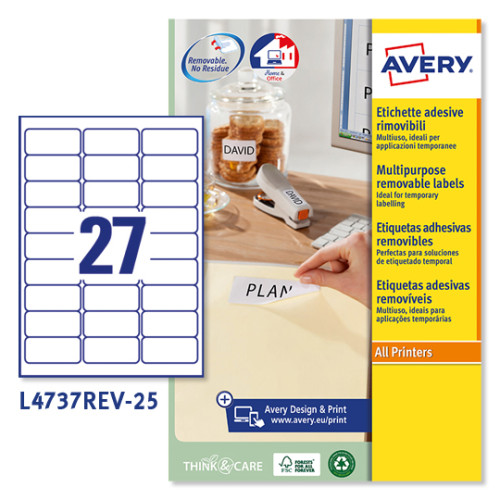 AVERY - Etiquetas removibles Caja 25 hojas 675 ud 63,5x29,6 Blancas (Ref.L4737REV-25)