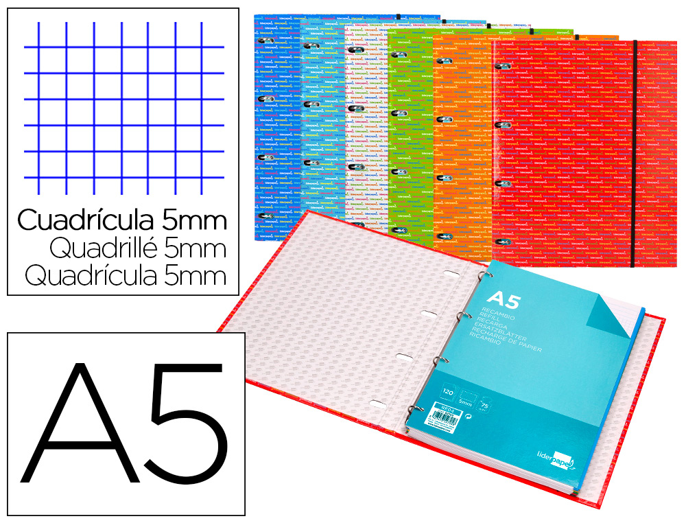 LIDERPAPEL - CARPETA CON RECAMBIO A5 CUADRO 5MM FORRADA 4 ANILLAS 20MM (Ref.BZ03)