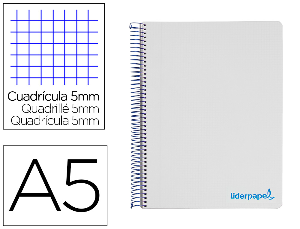 LIDERPAPEL - Cuaderno espiral a5 micro wonder tapa plastico 120h 90g cuadro 5mm 5 bandas 6 taladros color gris (Ref. BJ69)