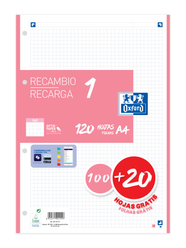 OXFORD - RECAMBIO COLOR DIN A4 100 HOJAS 90 GR CUADRO 5 MM 4 TALADROS ROSA CHICLE (Ref.400106624)