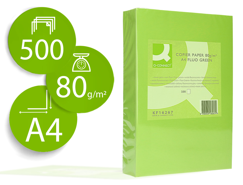 Q-CONNECT - PAPEL COLOR DIN A4 80GR VERDE NEON PAQUETE DE 500 HOJAS (Ref.KF16267)