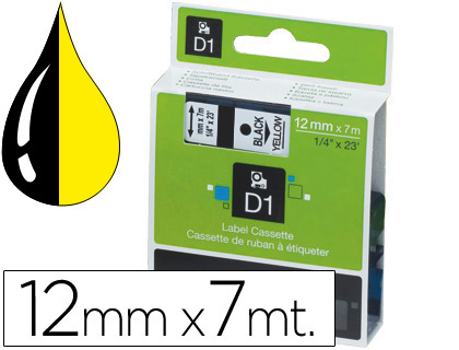 DYMO - Etiquetas D1 Poliester opaco 12mm 7m Negro/Amarillo Con adhesivo permanente (Ref.S0720580)