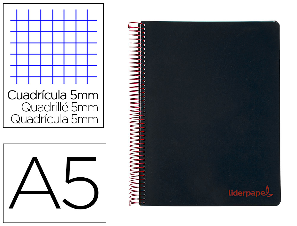 LIDERPAPEL - Cuaderno espiral a5 micro wonder tapa plastico 120h 90g cuadro 5mm 5 bandas 6 taladros color negro (Ref. BJ67)
