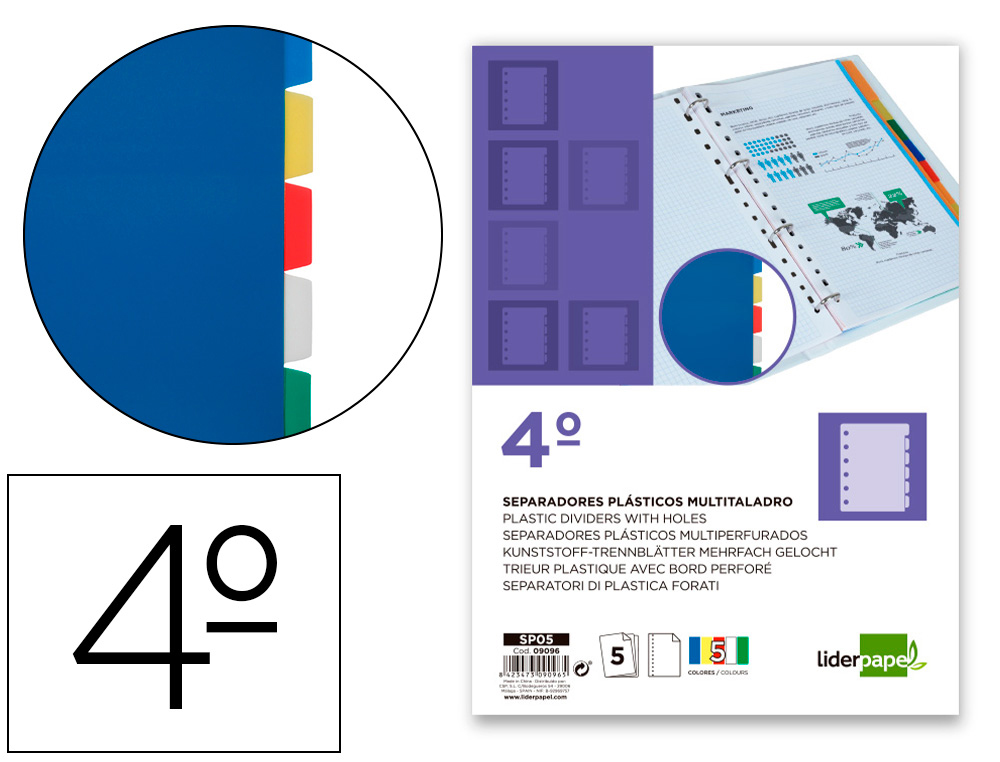 LIDERPAPEL - SEPARADOR PLASTICO JUEGO DE 5 SEPARADORES CUARTO 11 TALADROS (Ref.SP05)