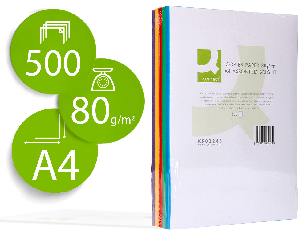 Q-CONNECT - PAPEL COLOR DIN A4 80 GR 5 COLORES SURTIDOS INTENSOS PAQUETE DE 500 HOJAS (Ref.KF02243)