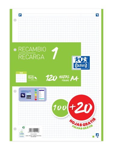 OXFORD - RECAMBIO COLOR DIN A4 100 HOJAS 90 GR CUADRO 5 MM 4 TALADROS VERDE (Ref.400106622)