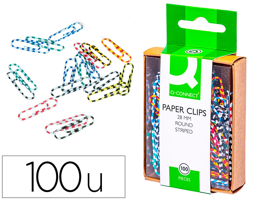 Q-CONNECT - CLIPS COLORES RAYADOS -28 MM -CAJA DE 100 UNIDADES COLORES SURTIDOS (Ref.KF02024)