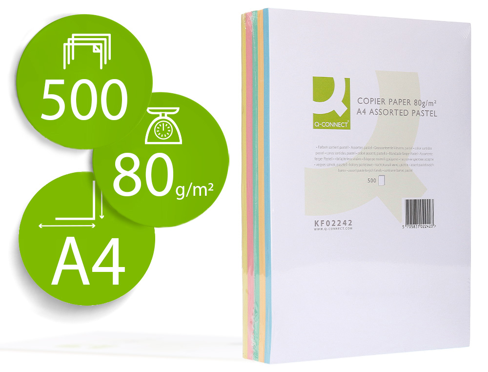 Q-CONNECT - PAPEL COLOR DIN A4 80 GR 5 COLORES SURTIDOS PAQUETE DE 500 HOJAS (Ref.KF02242)