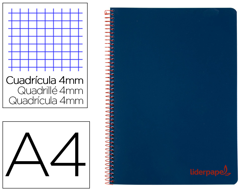 LIDERPAPEL - Cuaderno espiral A4 wonder tapa plastico 80h 90gr cuadro 4mm con margen color azul marino (Ref. TH63)