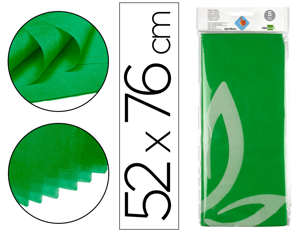 LIDERPAPEL - PAPEL SEDA 52X76CM 18G/M2 BOLSA DE 5 HOJAS VERDE (Ref.SE14)