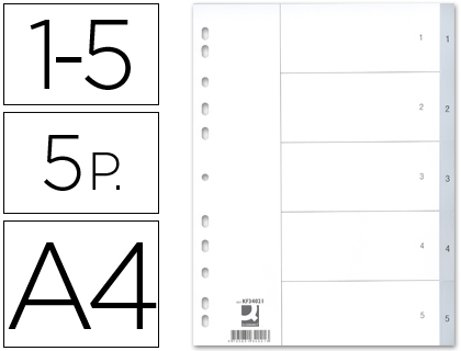 Q-CONNECT - SEPARADOR NUMERICO PLASTICO 1-5 JUEGO DE 5 SEPARADORES DIN A4 -MULTITALADRO (Ref.KF34021)