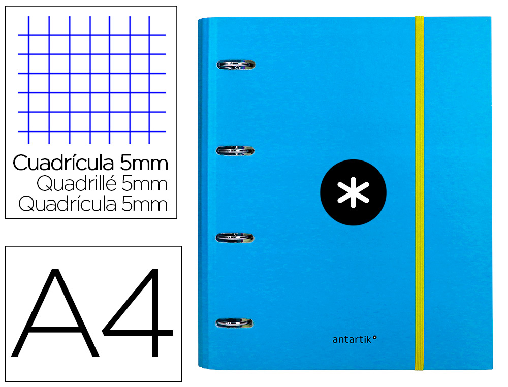 LIDERPAPEL - CARPETA CON RECAMBIO Y SOLAPA ANTARTIK A4 CUADRO 5 MM FORRADA 4 ANILLAS REDONDAS 40MM COLOR AZUL (Ref.AW34)