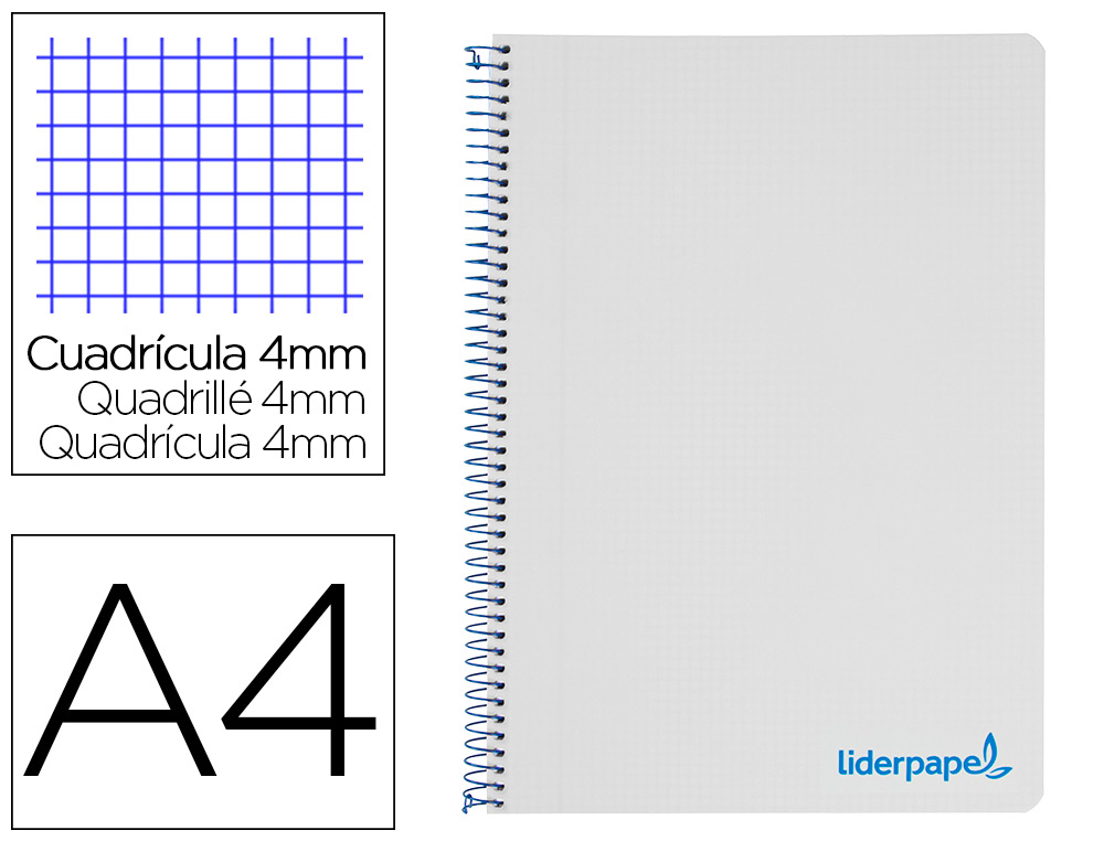 LIDERPAPEL - Cuaderno espiral A4 wonder tapa plastico 80h 90gr cuadro 4mm con margen color gris (Ref. TH64)