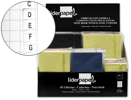 LIDERPAPEL - LIBRETA SIMIL PIEL 120 HOJAS 70G/M2 CUADRO 4MM + INDICE EXPOSITOR DE 45 UNIDADES COLORES SURTIDOS (Ref.IN01)