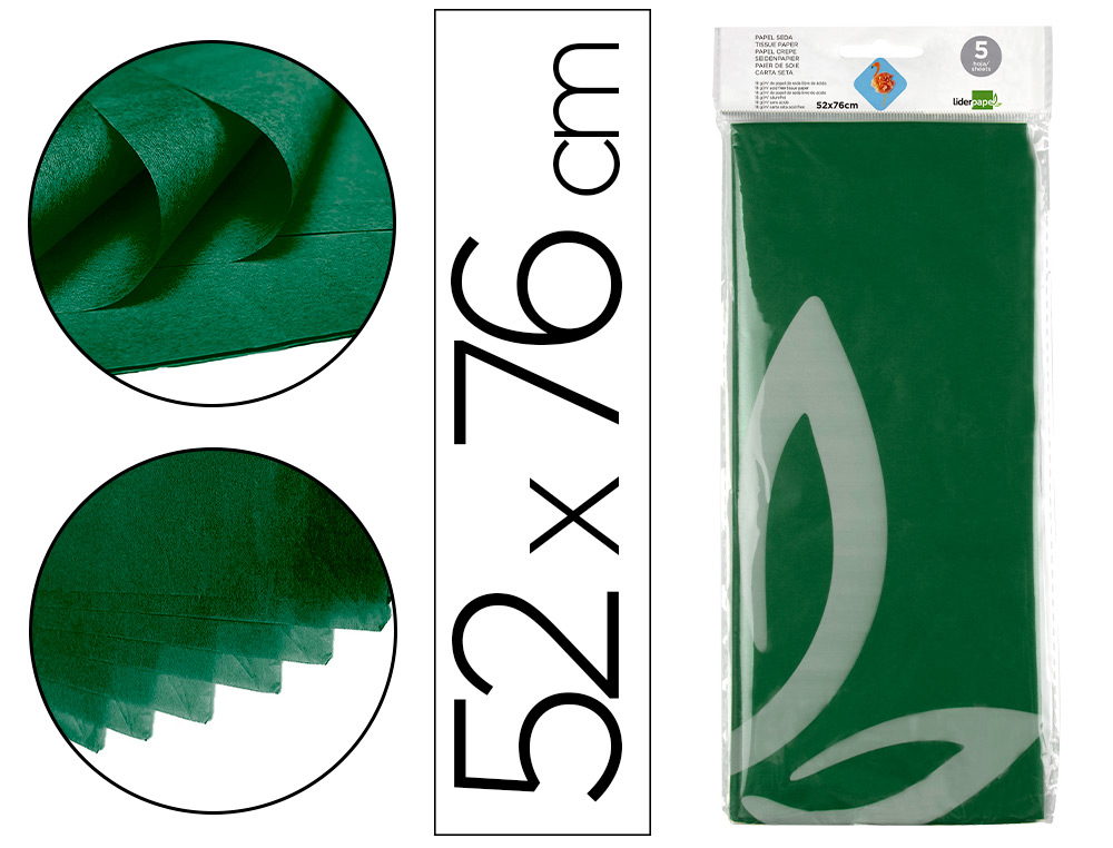 LIDERPAPEL - PAPEL SEDA 52X76CM 18G/M2 BOLSA DE 5 HOJAS VERDE OSCURO (Ref.SE29)