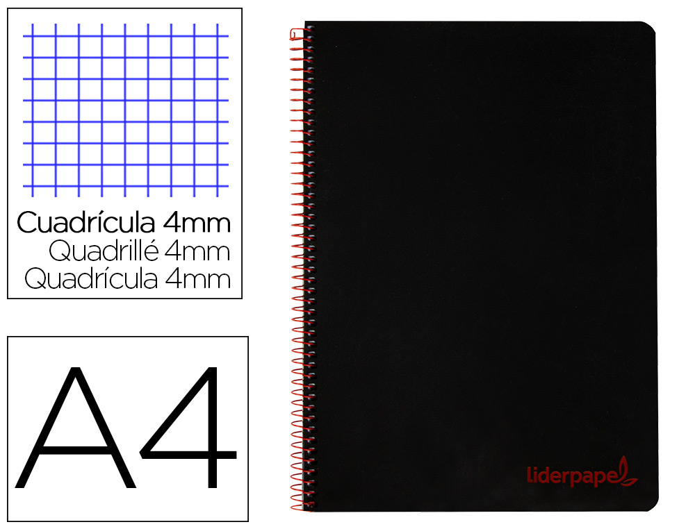LIDERPAPEL - Cuaderno espiral A4 wonder tapa plastico 80h 90gr cuadro 4mm con margen color negro (Ref. TH62)