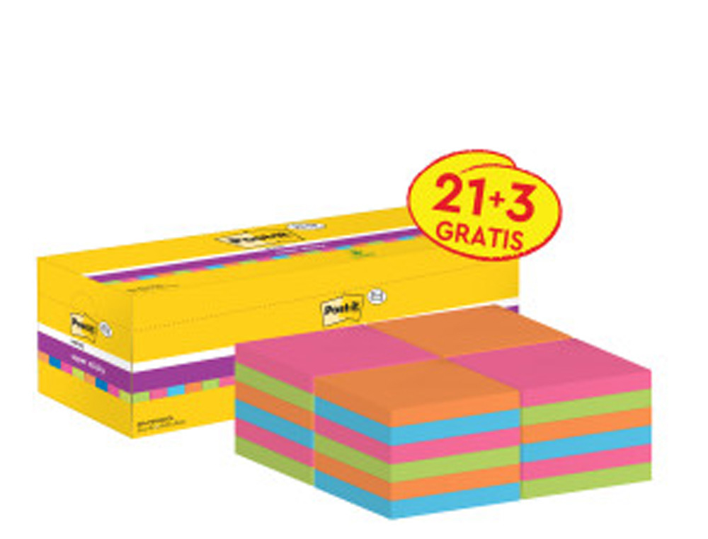 POST-IT - BLOC DE NOTAS ADHESIVA QUITA Y PON SUPER STICKY 76X76 MM 90 HOJAS COLORES SURTIDOS PACK DE 21 + 3 (Ref.70005251569)