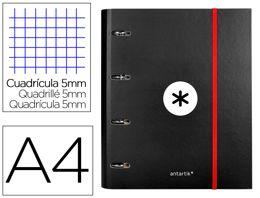 LIDERPAPEL - CARPETA CON RECAMBIO Y SOLAPA ANTARTIK A4 CUADRO 5 MM FORRADA 4 ANILLAS REDONDAS 40MM COLOR NEGRA (Ref.AW41)