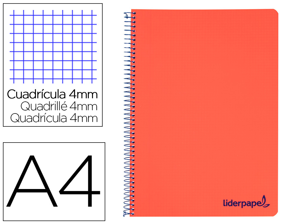 LIDERPAPEL - Cuaderno espiral A4 wonder tapa plastico 80h 90gr cuadro 4mm con margen color rojo (Ref. TH65)