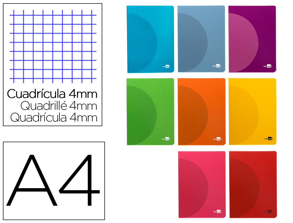 LIDERPAPEL - LIBRETA 360 TAPA DE PLASTICO A4 48 HOJAS 90G/M2 CUADRO 4MM CON MARGEN COLORES SURTIDOS (Ref.LF01)