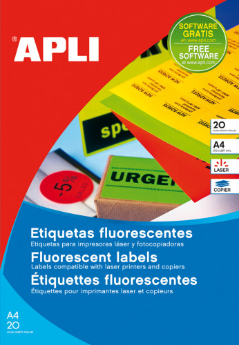 APLI - ETIQUETA ADHESIVA 0 210X297 MM PARA FOTOCOPIADORA LASER CAJA CON 20 HOJAS DIN A4 NARANJA (Ref.2879)