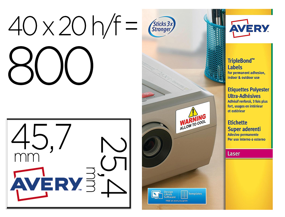AVERY - Etiqueta adhesiva poliester super adherente blanca 45,7x25,4 mm impresora laser pack de 800 unidades (Ref. L6140-20)