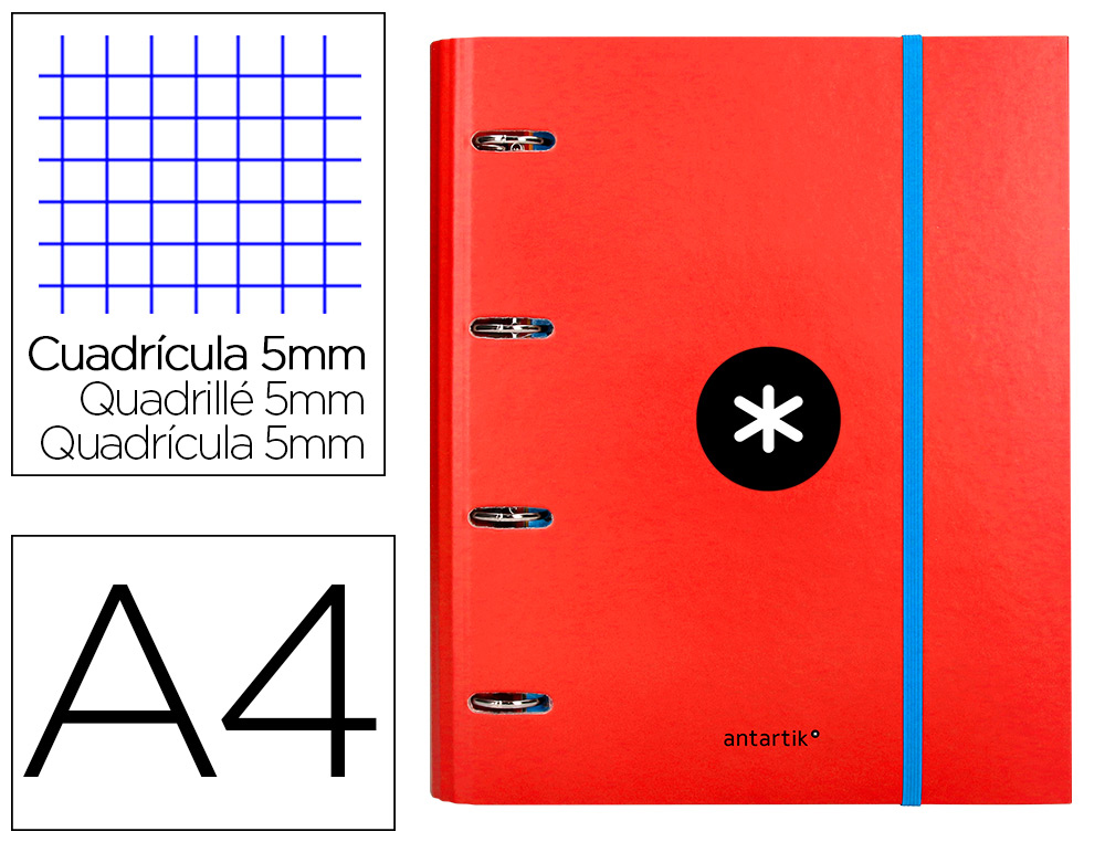 LIDERPAPEL - CARPETA CON RECAMBIO Y SOLAPA ANTARTIK A4 CUADRO 5 MM FORRADA 4 ANILLAS REDONDAS 40MM COLOR ROJO (Ref.AW36)