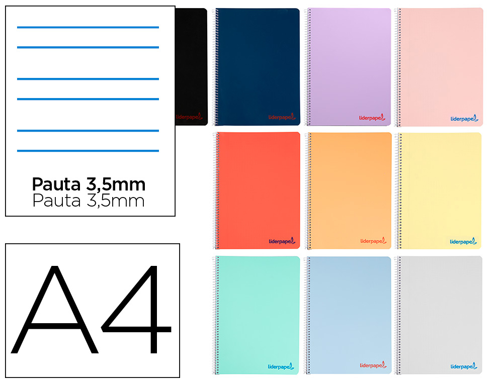 LIDERPAPEL - Cuaderno espiral A4 wonder tapa plastico 80h 90gr pauta ancha 3,5mm con margen colores surtidos (Ref. WD01)