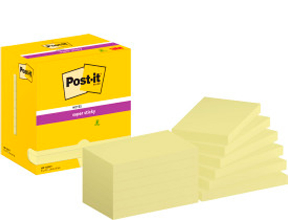 POST-IT - Notas adhesivas Super Sticky Pack 12 blocs 90h Amarillo 76x127mm 655-12SSCY-EU (Ref.70005197903)