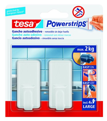 TESA - Menaje Powerstrips 2 ganchos+3 tiras Para fijar en el hogar hasta 2Kg I25594 (Ref.58010-00045-01)