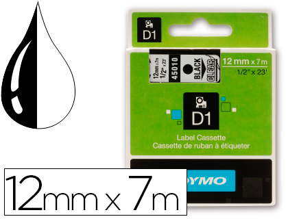 DYMO - Etiquetas D1 12 mm Adhesivo permanente Negro/transparente (Ref.S0720500)