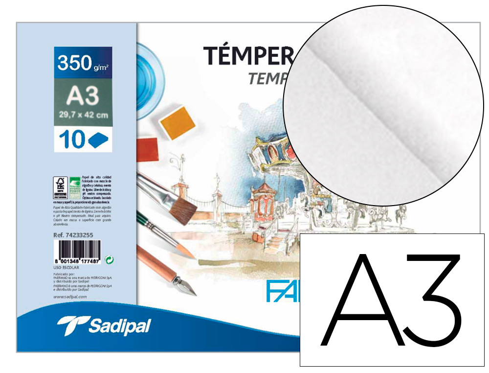 FABRIANO - Bloc dibujo acuarela sadipal encolado din a3 10 hojas 350 g/m2 grano suave (Ref. F74233256)