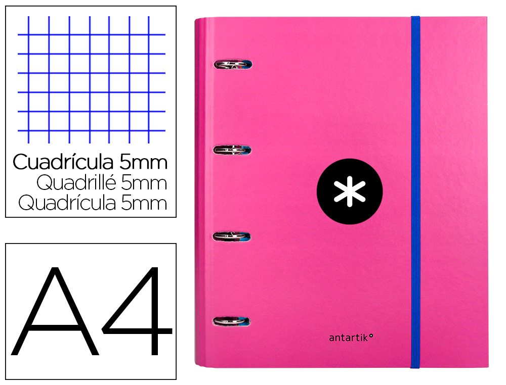 LIDERPAPEL - CARPETA CON RECAMBIO Y SOLAPA ANTARTIK A4 CUADRO 5 MM FORRADA 4 ANILLAS REDONDAS 40MM COLOR ROSA (Ref.AW37)