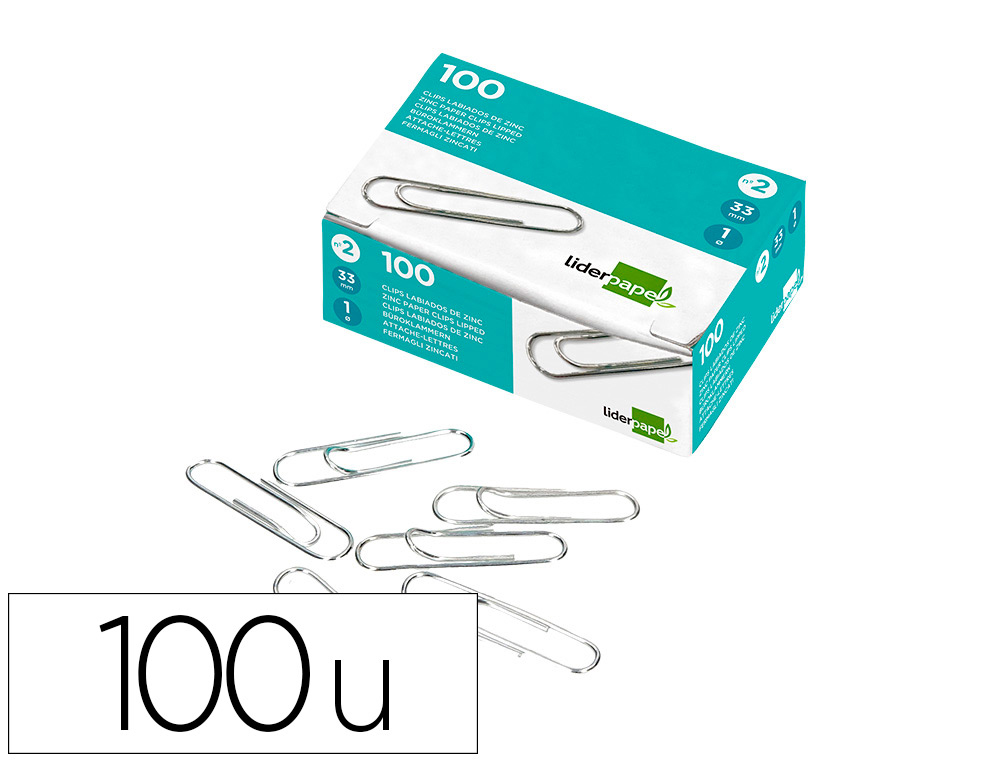 LIDERPAPEL - CLIPS N. 2 LABIADOS 33 MM CAJA DE 100 UNIDADES (Ref.LI03)