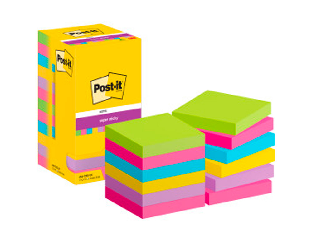 POST-IT - Notas adhesivas Super Sticky Pack 12 blocs 90h Colores Arco Iris 76x76mm (Ref.70005252062)