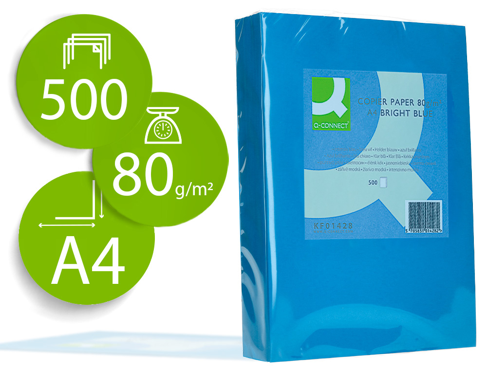 Q-CONNECT - PAPEL COLOR DIN A4 80GR AZUL INTENSO PAQUETE DE 500 HOJAS (Ref.KF01428)
