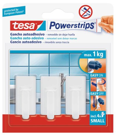 TESA - Menaje Powerstrips 4 ganchos+3tiras Para cualquier lugar del hogar hasta 2Kg I25595 (Ref.57530-00014-01)