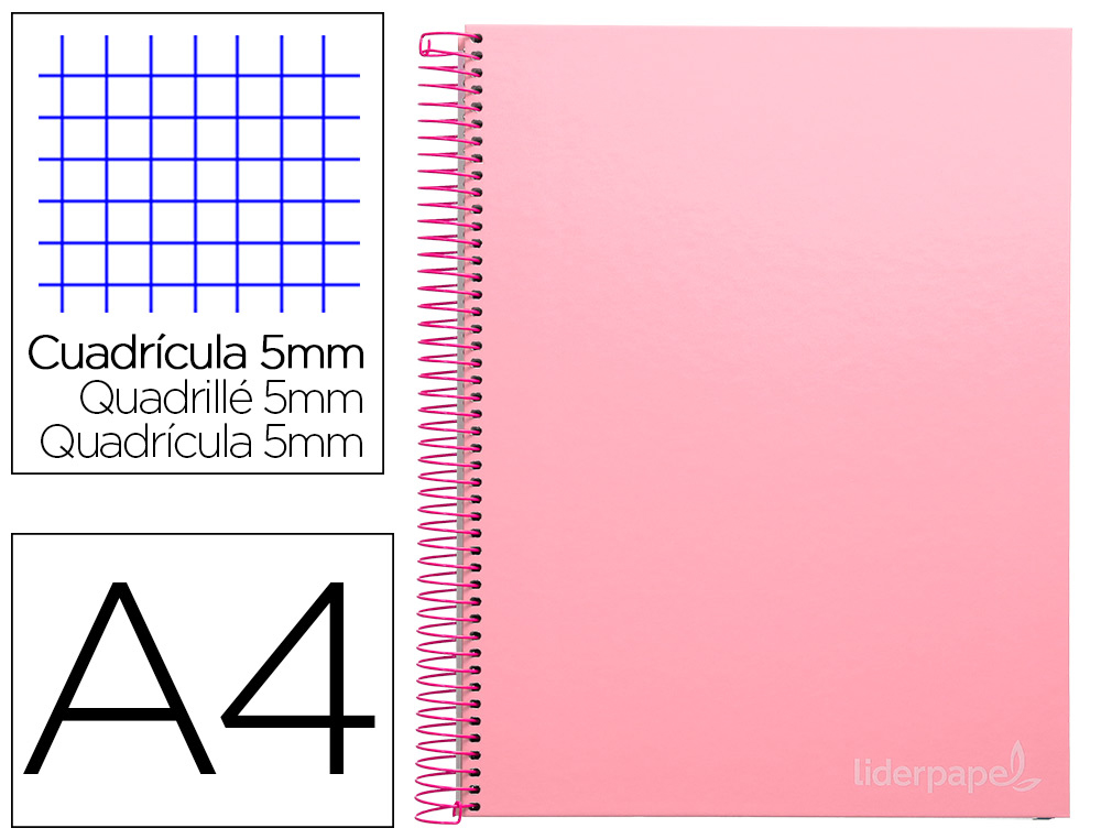 LIDERPAPEL - Cuaderno espiral A4 micro jolly tapa forrada 140h 75 gr cuadro 5mm 5 bandas 4 taladros color rosa (Ref. BA94)