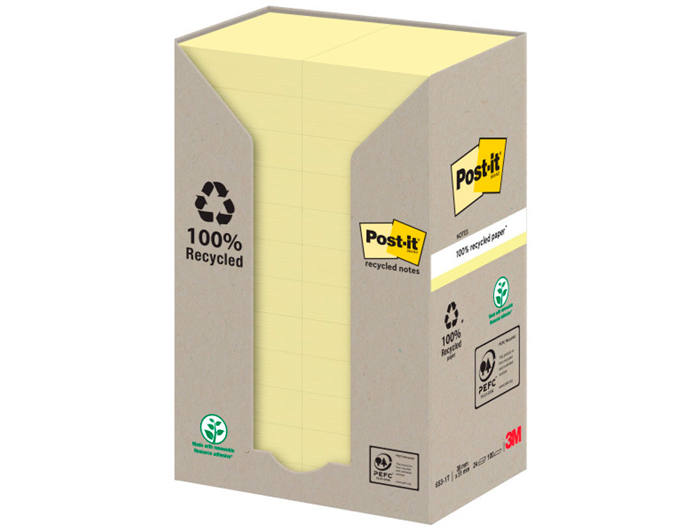 POST-IT - Torre notas adhesivas 24 blocs 100h Amarillo 38x51mm Reciclado (Ref.FT510110388)