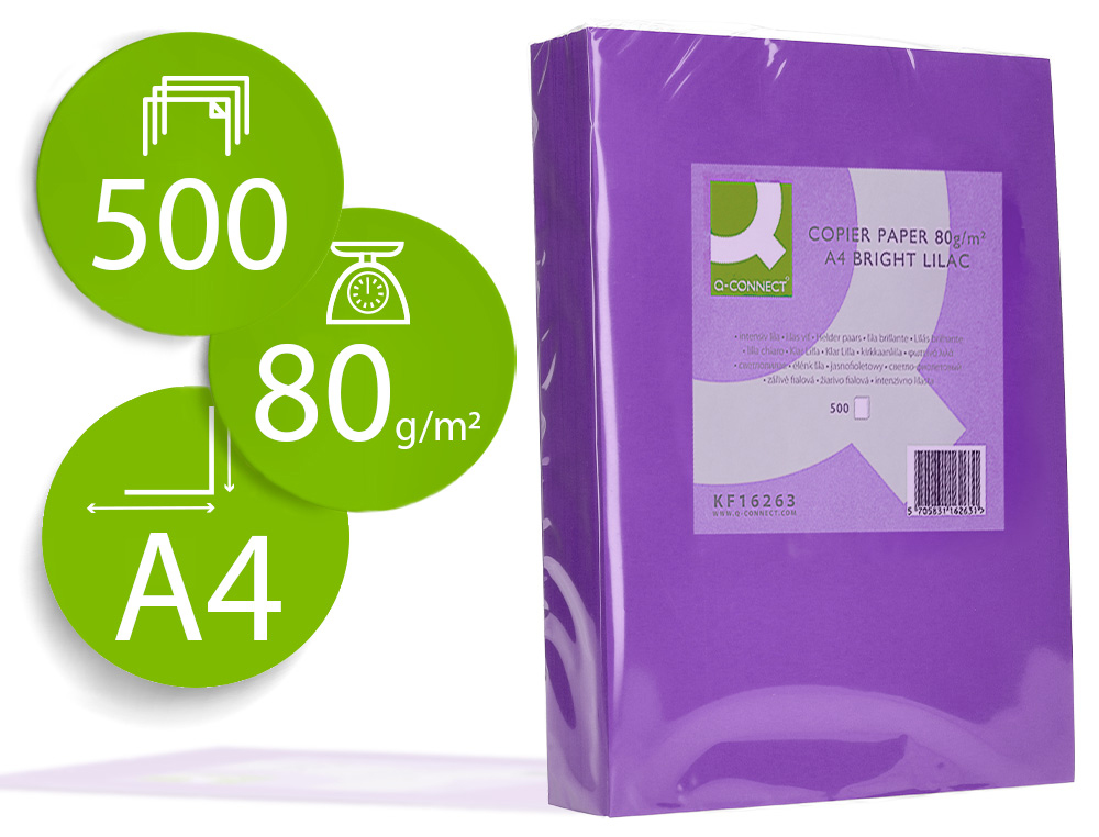 Q-CONNECT - PAPEL COLOR DIN A4 80GR LILA INTENSO PAQUETE DE 500 HOJAS (Ref.KF16263)