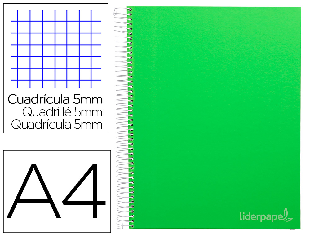 LIDERPAPEL - Cuaderno espiral A4 micro jolly tapa forrada 140h 75 gr cuadro 5mm 5 bandas 4 taladros color verde (Ref. BA96)