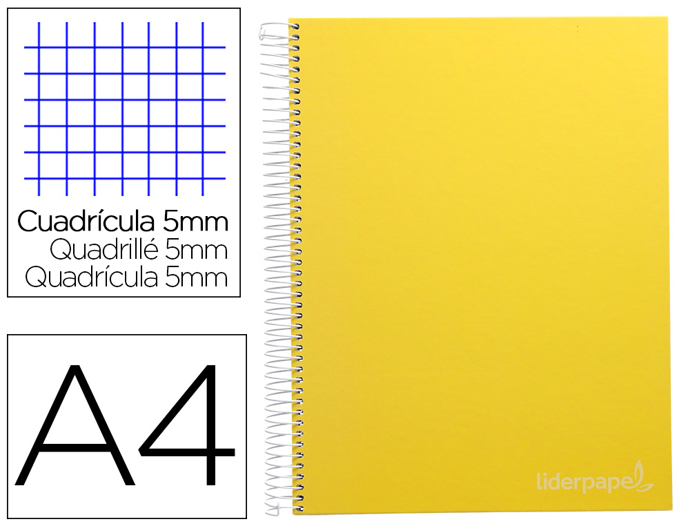 LIDERPAPEL - Cuaderno espiral A4 micro jolly tapa forrada 140h 75 gr cuadro 5mm 5 bandas4 taladros color amarillo (Ref. BA95)