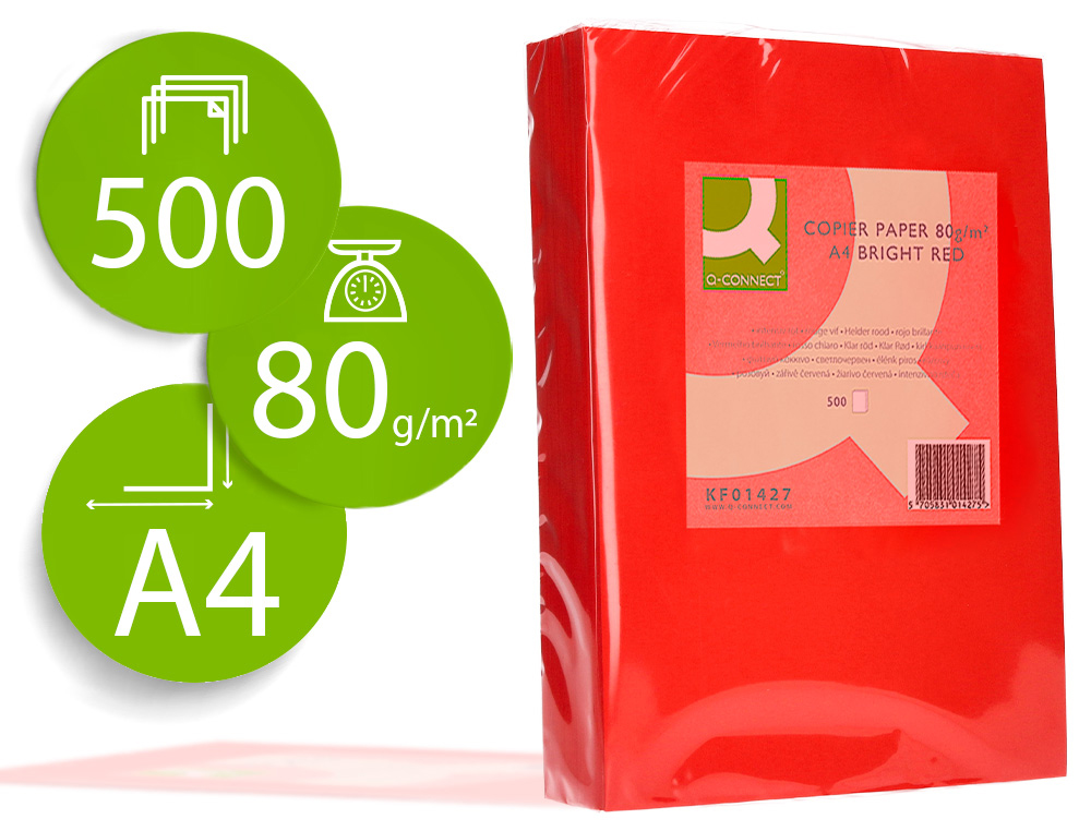 Q-CONNECT - PAPEL COLOR DIN A4 80GR ROJO INTENSO PAQUETE DE 500 HOJAS (Ref.KF01427)