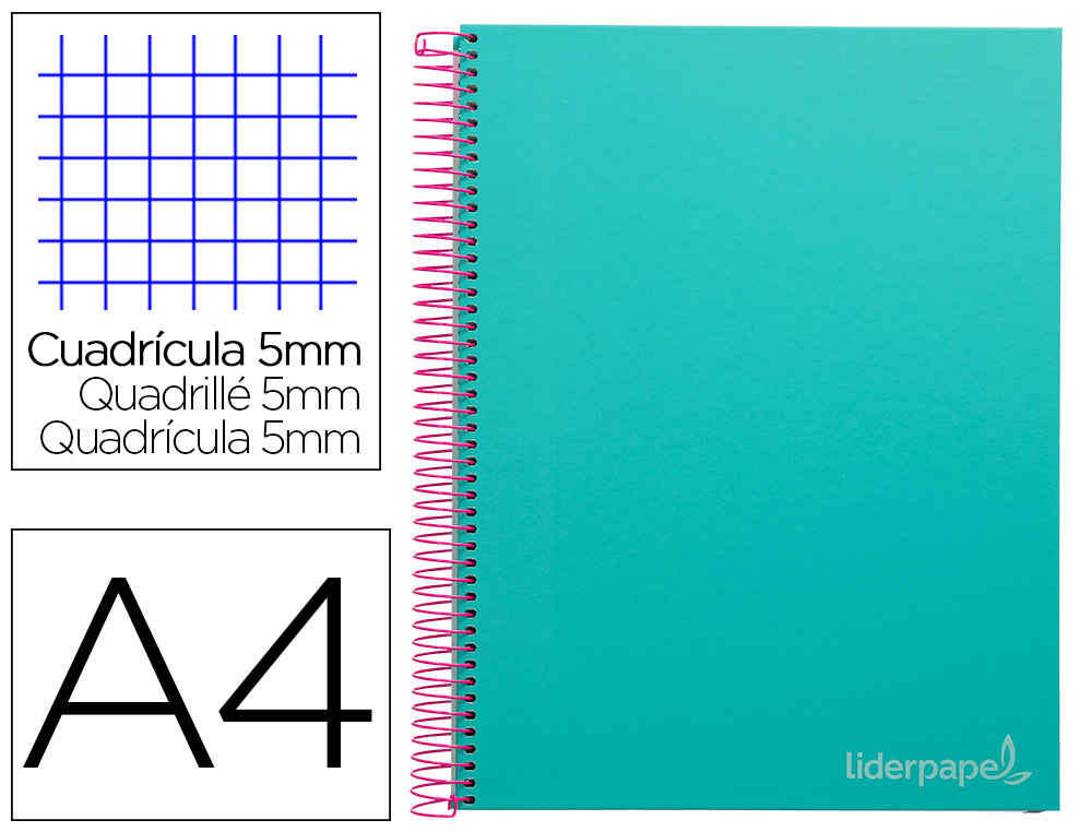LIDERPAPEL - Cuaderno espiral A4 micro jolly tapa forrada 140h 75 gr cuadro 5mm 5 bandas4 taladros color turquesa (Ref. BA97)